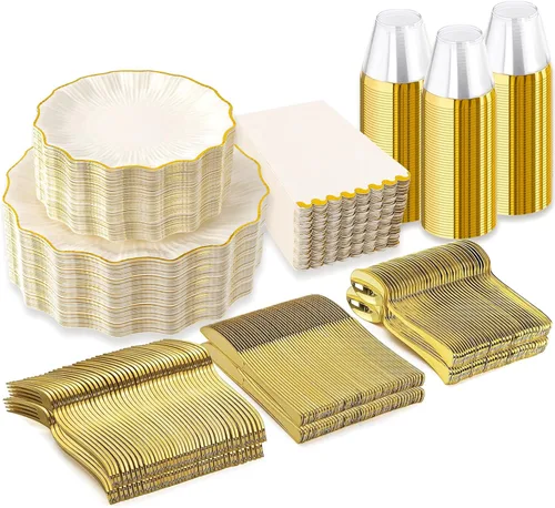 Miniatura 19 de Juego de vajilla dorada de 700 piezas, juego de vajilla desechable transparente para 100 invitados para fiestas, bodas, incluye: 200 platos Dorado