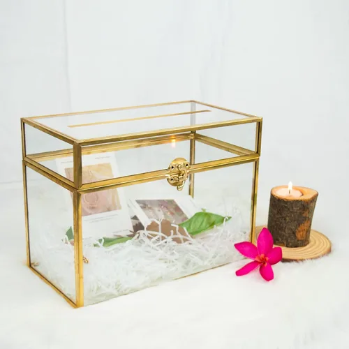 Miniatura 9 de YIMORENCE V Tarjetero de cristal dorado – Caja de sobres de boda con forma rectangular con ranura y pie, perfecto para recepción y centro de mesa