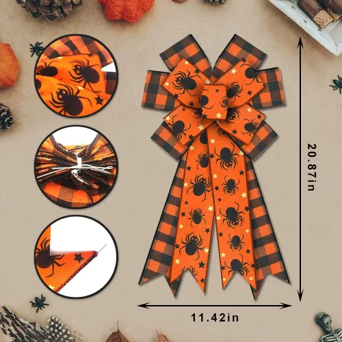 Miniatura 2 de Estivaux Arcos grandes de Halloween para corona, lazos de corona de araña de Halloween, lazos negros a cuadros, lazos de arpillera naranja, lazos