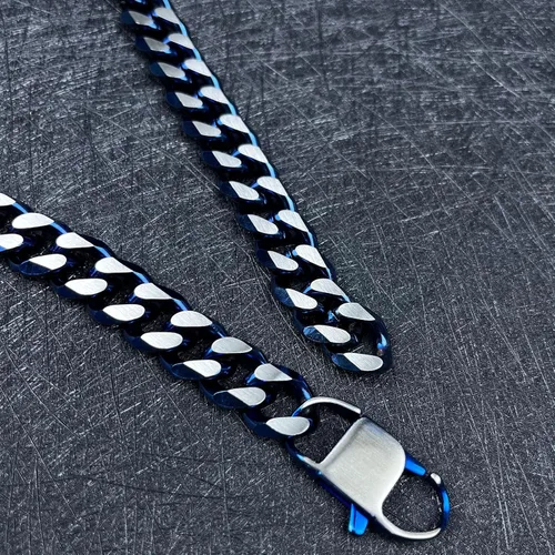 Miniatura 48 de YAMI Cadena de eslabones cubanos para hombre, azul/negro/oro de 14 quilates, acero inoxidable de 0.394-0.472 in de grosor, collar de cadena