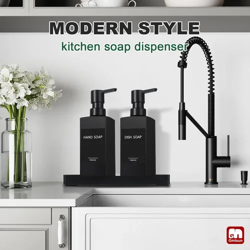 Miniatura 5 de GMISUN Juego de dispensador de jabón de cocina, dispensadores de jabón para manos y platos, dispensador de jabón negro de 12 fl oz/11.8 fl oz