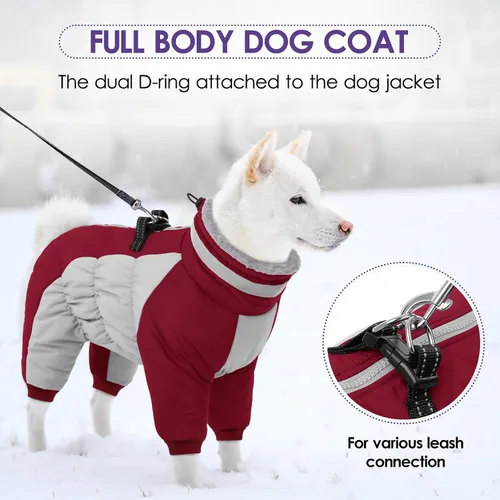 Miniatura 5 de Abrigo de cuerpo completo para perros – Chaqueta cálida de vellón para perros pequeños, abrigos de invierno de cuello alto con arnés, traje de nieve