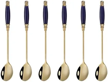 Cucharas de cena clásicas de acero inoxidable con mango de cerámica de porcelana, paquete de 6 unidades, color azul y dorado