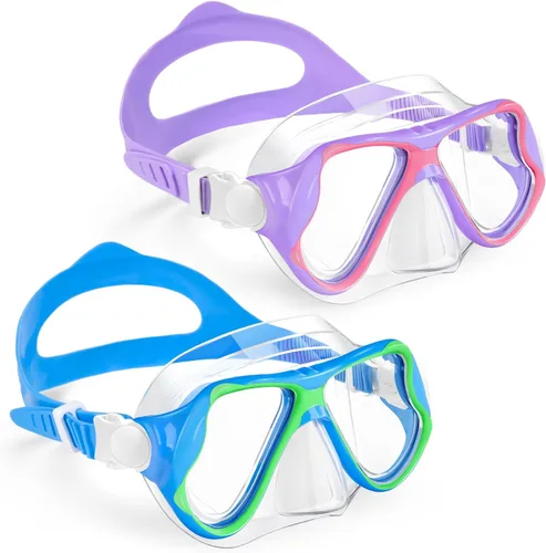 Freela Paquete de 2 gafas de natación para niños y niñas de 3 a 14 años, lente de vidrio templado de 180° HD con cubierta de nariz para piscina y