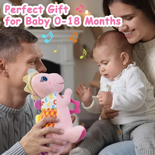 Miniatura 6 de Juguete de peluche suave de dinosaurio para bebés de 0-3-6-12 meses, juguete musical infantil con sonajero, chirriante, arruga sensorial, mordedor