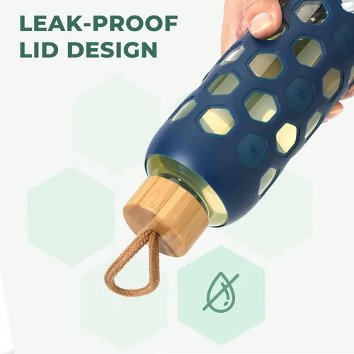 Miniatura 4 de Botella de agua de vidrio de 32 onzas con tapa de bambú, botellas reutilizables transparentes con funda de silicona y marcador de tiempo, vaso