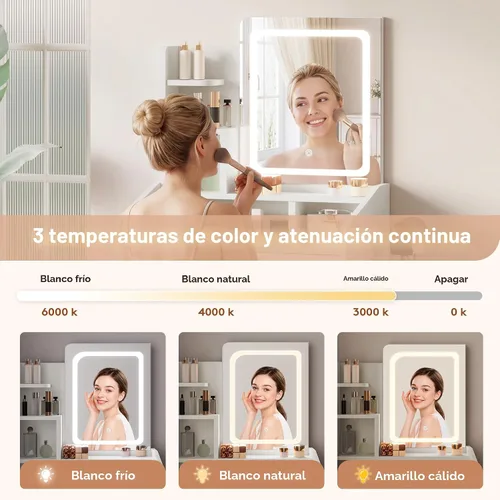 Miniatura 5 de LIVELYGLOW Juego de tocador pequeño con espejo iluminado y estación de energía, escritorio de maquillaje blanco moderno de 24 pulgadas con taburete