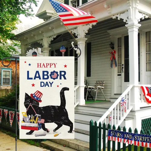 Miniatura 2 de Louise Maelys Bandera de jardín con texto en inglés «Happy Labor Day» de doble cara vertical, arpillera con gato negro pequeño, jardín, patio, casa