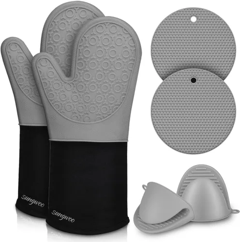 Miniatura 19 de sungwoo Guantes de horno de silicona extralargos, resistentes al calor, con forro acolchado, agarre texturizado antideslizante, perfectos para Verde