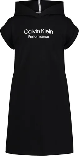 Calvin Klein Vestido de sudadera con logotipo de rendimiento para niña, sudadera con capucha de forro polar con mangas largas o cortas
