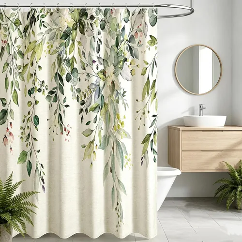 Miniatura 3 de Cortina de ducha de lino verde salvia, hojas de plantas en acuarela con decoración floral de baño, decoración de baño, juego de cortinas de ducha