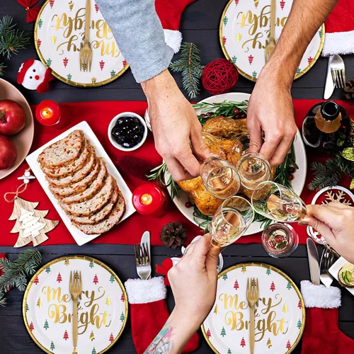 Miniatura 6 de Lounsweer 96 piezas de suministros para fiestas de Navidad, platos de papel y servilletas, juego de vajilla desechable, incluye platos de Navidad