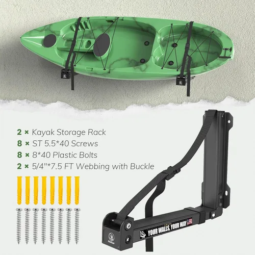 Miniatura 5 de GanFindX Estante de pared plegable para kayak, resistente de 11.8 a 17 pulgadas, soporte de almacenamiento de kayak y correas de hebilla de Negro