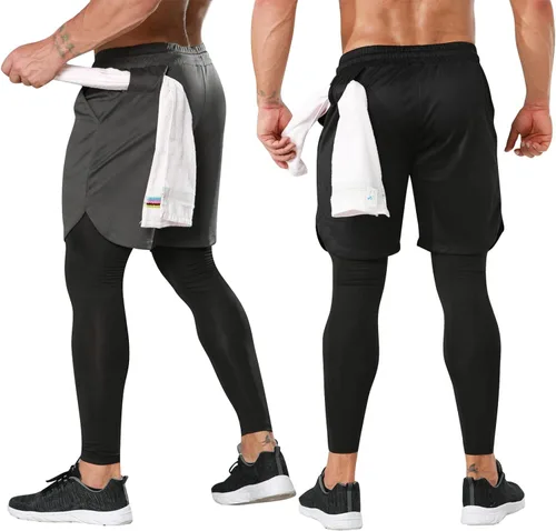 Miniatura 2 de OEBLD Pantalones deportivos 2 en 1 para hombre, de secado rápido, pantalones cortos de entrenamiento para gimnasio, pantalones de compresión