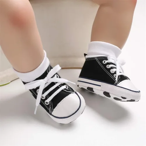 Miniatura 7 de KIDSUN - Zapatos deportivos unisex de caña alta para bebés mezclilla de lona suela antideslizante suaves para los primeros pasos A01-negro 3-6