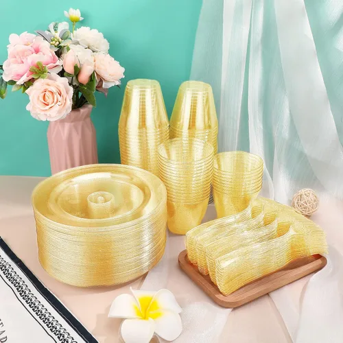 Miniatura 5 de Honeydak Juego de vajilla de plástico con purpurina dorada de 300 piezas para 100 invitados, 100 platos de boda de 7.5 pulgadas, 100 tazas doradas