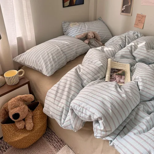 Miniatura 6 de AOJIM Blue & Brown Striped Duvet Cover Set Twin Size 100% Washed Cotton Stripe Bedding Set 3-Piece, Soft Zipper Comforter Cover and 2 Pillowcases