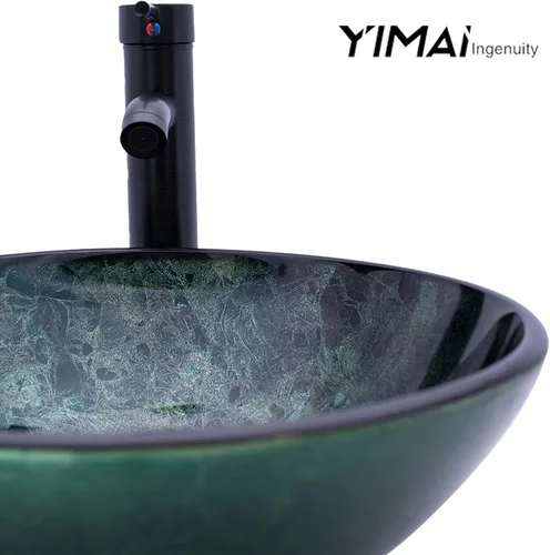 Miniatura 6 de Lavabo de Recipiente 16.5" Lavabos de Baño Vidrio Templado Verde Lavabo de Arte Cuenco Redondo con Combo de Grifo Verde, Lavabo de Encimera