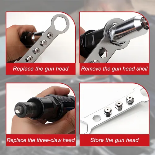 Miniatura 4 de Adaptador de pistola de remache para automóvil, kit de adaptador de pistola de remache de acero de aleación con asa de agarre y 4 cabezas de remache