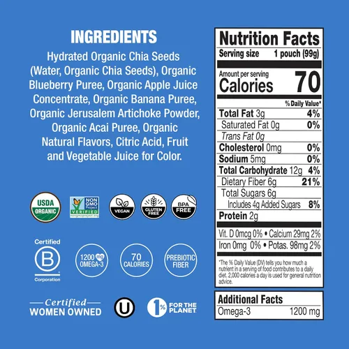 Miniatura 3 de Mamma Chia Snack Exprimible Prebiótico Orgánico, Arándano Acai, 16- 3.5 Onzas, Soporte Intestinal Prebiótico Rico en Fibra, USDA Orgánico, Sin OGM