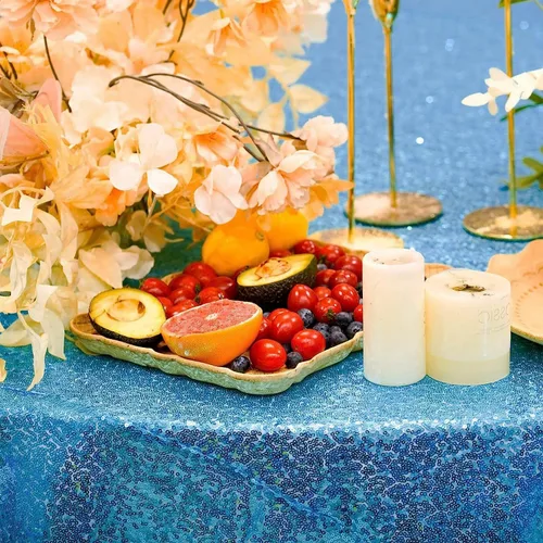Miniatura 4 de Mantel de lentejuelas color azul bebé de 120 pulgadas redondo con purpurina, secuencia metálica, para fiesta de cumpleaños, baby shower, boda