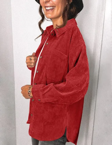 Miniatura 4 de Saslax Camisa de pana para mujer, de manga larga, con botones, cuello en V, holgada, chaqueta