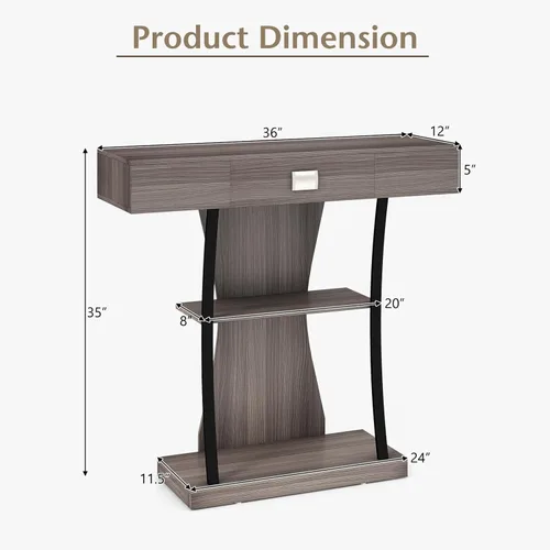 Miniatura 3 de Giantex Mesa consola estrecha en forma de T – Mesa para detrás del sofá con cajón, estantes, kits dobles antivuelcos, moderna mesa de vestíbulo