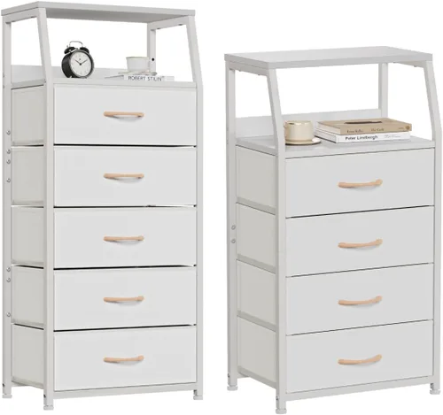 Furnulem Cómoda blanca con cajones, cómoda vertical de tela para dormitorio, pasillo, entrada, guardería, organizador de armario, mesita de noche,