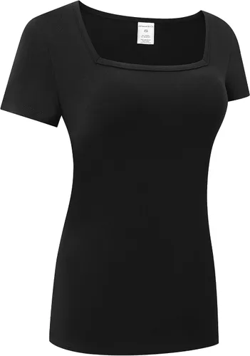 Miniatura 3 de OThread & Co. Camiseta de manga corta para mujer, cómoda, cuello cuadrado, capa elástica básica