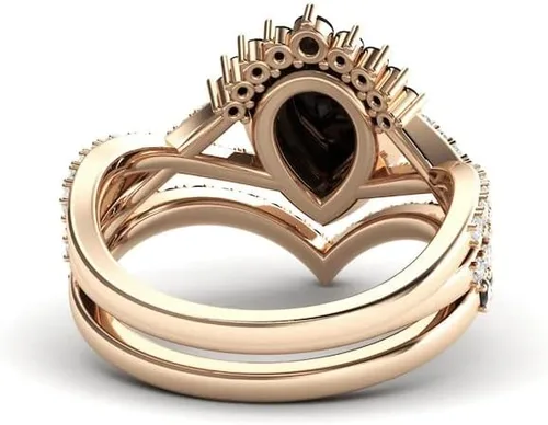 Miniatura 8 de Anillo de compromiso de ónix negro en forma de pera, halo de oro rosa, único juego de anillos de compromiso de piedra negra para mujer, anillo