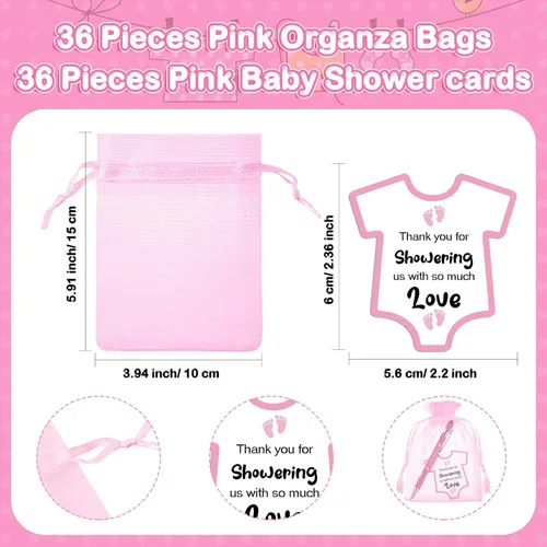 Miniatura 3 de Colarr Juego de 36 recuerdos de baby shower: bolígrafos rosados con tarjetas y bolsas de organza para invitados regalo y fiesta de revelación