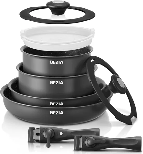 BEZIA Juego de utensilios de cocina de inducción de 10 piezas, ollas y sartenes antiadherentes con asas extraíbles, para todas las encimeras, diseño