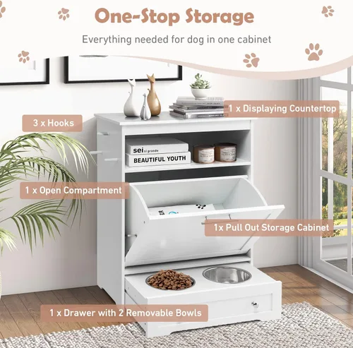 Miniatura 3 de Estación de alimentación para perros, gabinete de almacenamiento de alimentos para perros, contenedor de alimentador para mascotas con 2 cuencos