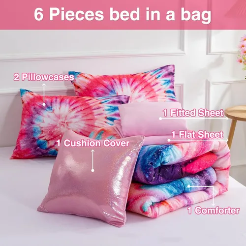 Miniatura 4 de A Nice Night Juego de ropa de cama de 6 piezas en una bolsa Juego de edredón Tie Dye Galaxy para niños, patrón de espiral psicodélico colorido Rosa