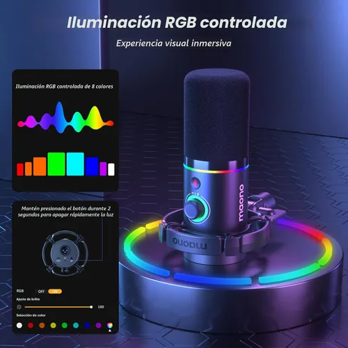 Miniatura 4 de MAONO Kit de micrófono dinámico XLR/USB, micrófono podcast RGB con software, silencio, perilla de ganancia, control de volumen, brazo de brazo