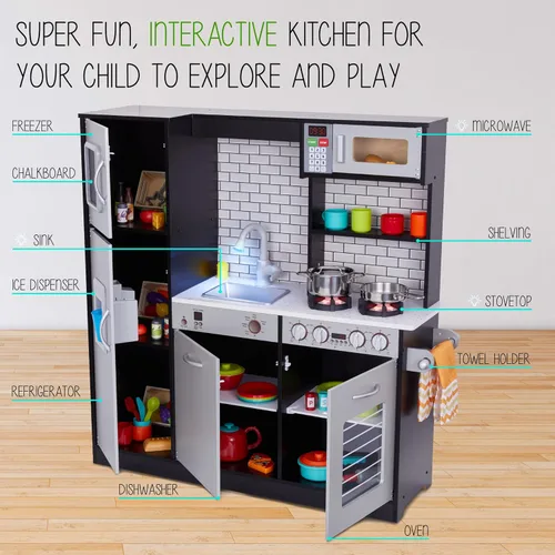 Miniatura 3 de Set de cocina de madera para niños Lil' Jumbl, cocina de juguete de simulación, heladera con batería, quemadores, grifo y microondas con sonido