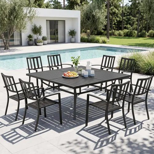 Miniatura 15 de MFSTUDIO Juego de comedor al aire libre para 8, juego de mesa y sillas de metal para patio, juego de muebles de patio de 9 piezas, juego de comedor