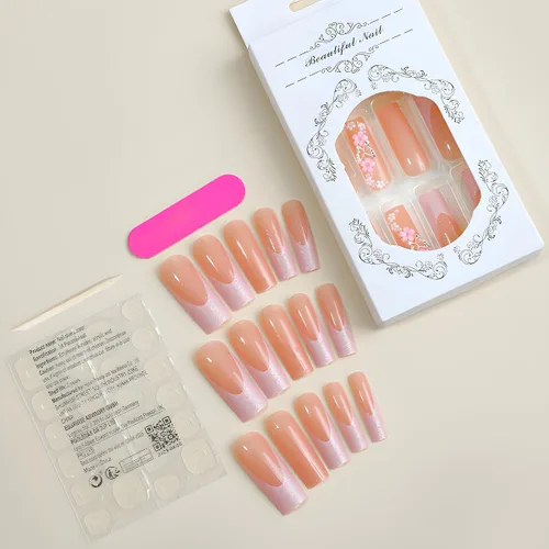 Miniatura 4 de Uñas postizas a presión de mariposa, uñas postizas largas de punta francesa con diseño de ataúd rosa, diamantes de imitación de flores, pegamento