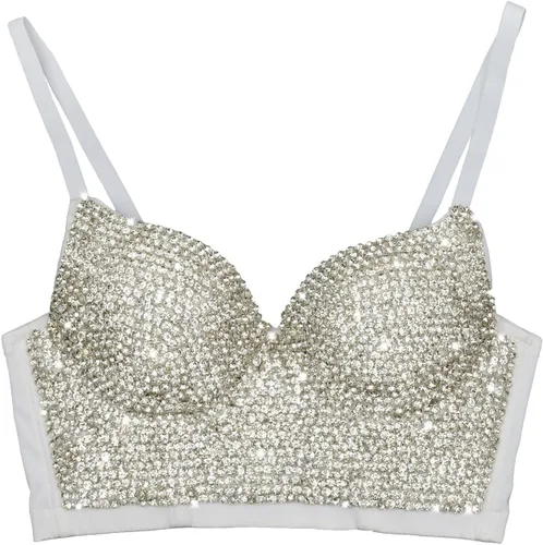ELLACCI Sujetador corto con diamantes de imitación hechos a mano para mujer, diseño sexy y punk, color blanco
