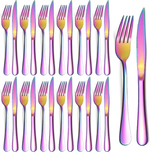 Miniatura 8 de Evanda Rainbow - Juego de cuchillos para carne, 12 piezas, acero inoxidable chapado en titanio arcoíris, 6 tenedores y 6 cuchillos de cena