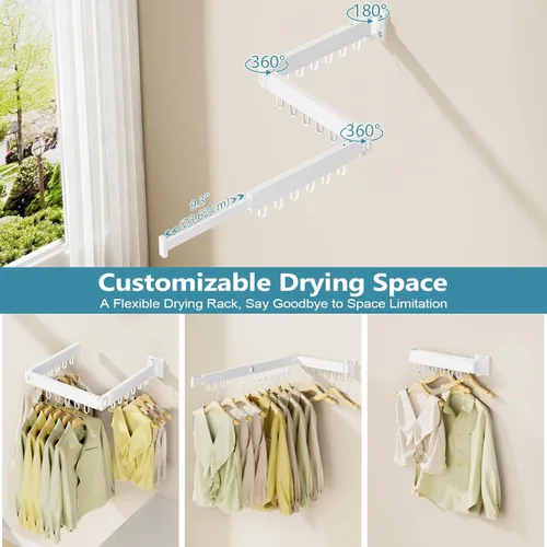 Miniatura 5 de JAUREE Tendedero para ropa montado en la pared, ahorro de espacio, plegable, plegable, retráctil, con 18 ganchos, interior/exterior, color blanco