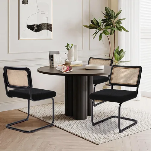 Miniatura 3 de KROFEM Juego de 2 sillas de comedor, sillas modernas de ratán para la cocina, diseño moderno de mediados de siglo, estructura de cromo pulido, Negro