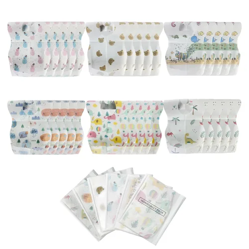 Miniatura 7 de 100 PCS Disposable Bibs for Toddlers, 5 Patterns Individually Packaged Baby Bibs with Catcher and Waterproof Liner for Boys Girls Eating, Baby