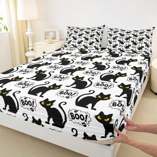 Miniatura 5 de Juego de sábanas bajeras con bonito diseño de gato negro para niños y niñas, diseño de dibujos animados de Halloween, gato, animales, sábanas