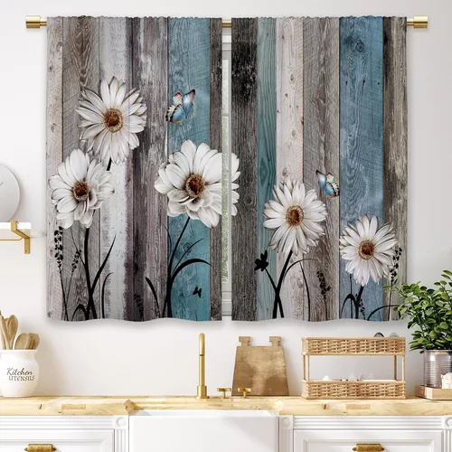 Miniatura 49 de Cortinas de Cocina de Girasol Estilo Granja, Cortinas de Ventana Cortas Pequeñas de Café con Flores Rústicas Florales del Campo, Cortinas de Ventana