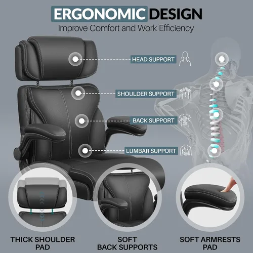 Miniatura 5 de Silla de oficina, silla ergonómica grande y alta para escritorio de computadora con reposacabezas ajustable retráctil, silla ejecutiva de cuero