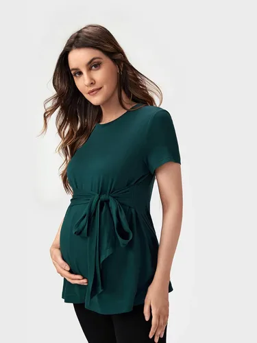 Miniatura 3 de OYOANGLE Camisetas básicas de maternidad para mujer, con lazo frontal, manga corta, cuello redondo, peplum