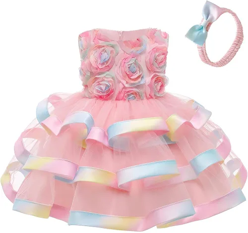 Miniatura 2 de 6M-6T - Vestido de tutú floral colorido para niñas pequeñas vestido de fiesta de noche boda Navidad baile con diadema