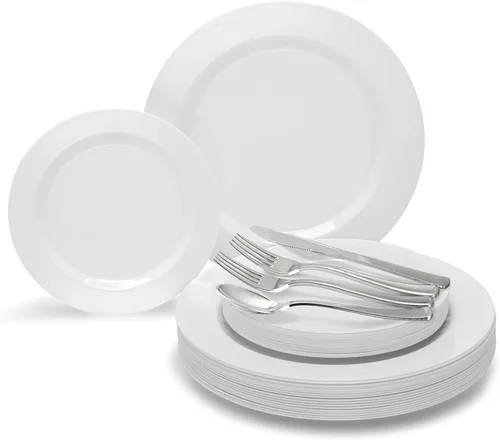Miniatura 12 de OCCASIONS 50, 150, 200 piezas lisas (para 25 invitados) 10.5 pulgadas, 7.5 pulgadas + cubiertos Hotel Plain White