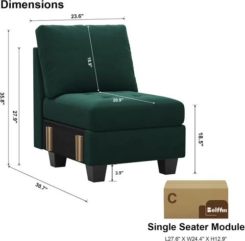 Miniatura 3 de Belffin Módulo de terciopelo de un solo asiento para sofá modular seccional, sofá sin brazos, tela moderna, color verde
